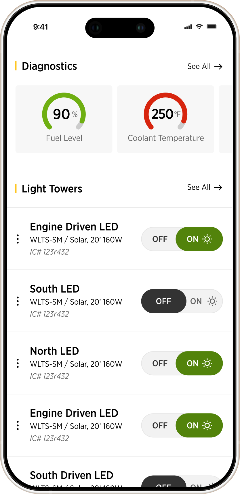 Herc Rentals app — light towers & diagnostics
