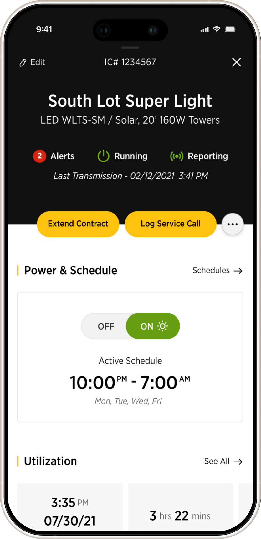 Herc Rentals app — light towers, all on