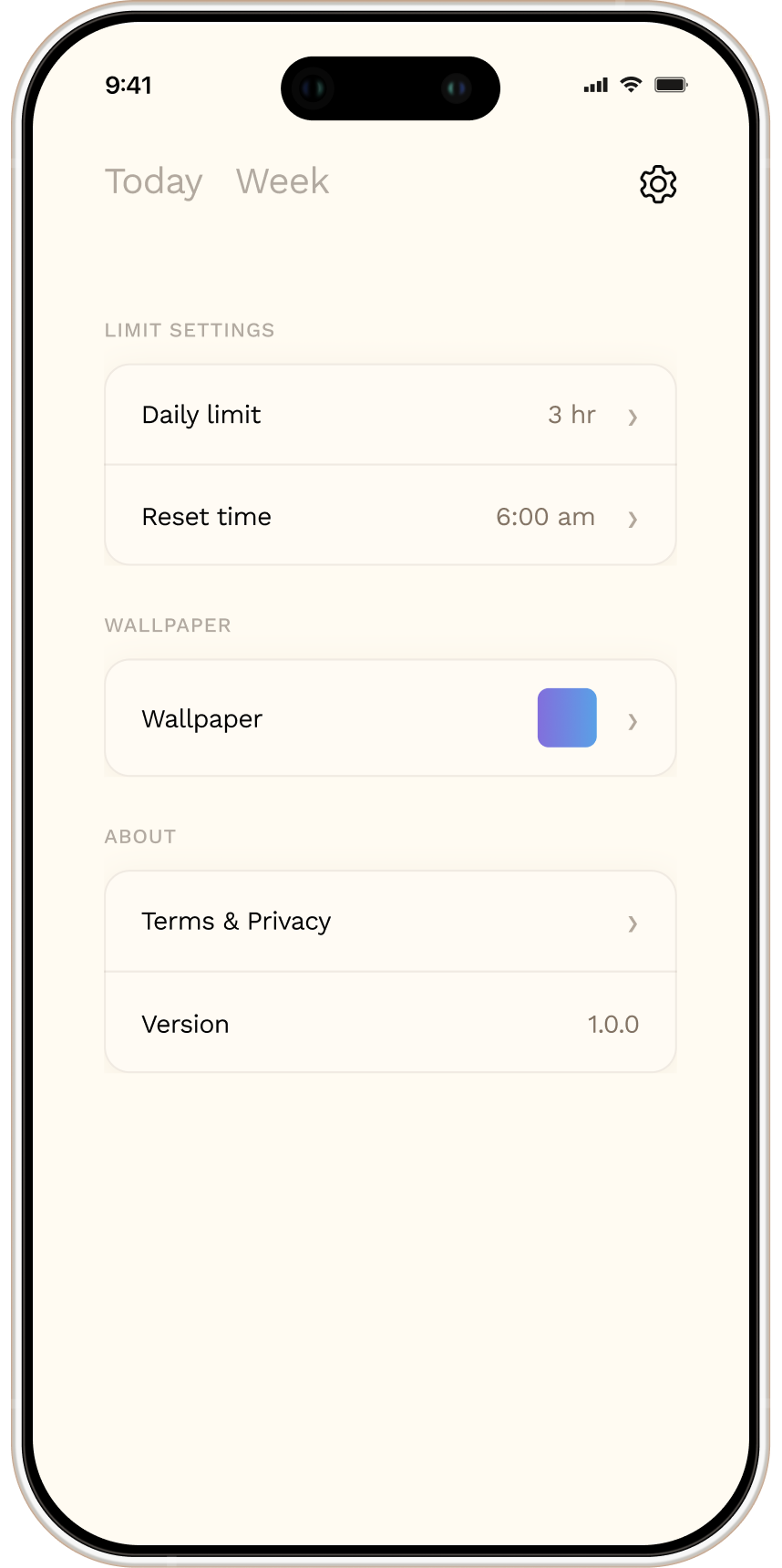 Patina — settings: daily limit, reset time, wallpaper