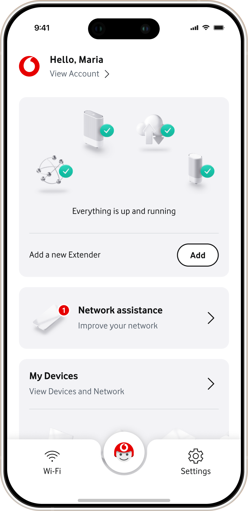 Vodafone app — home dashboard