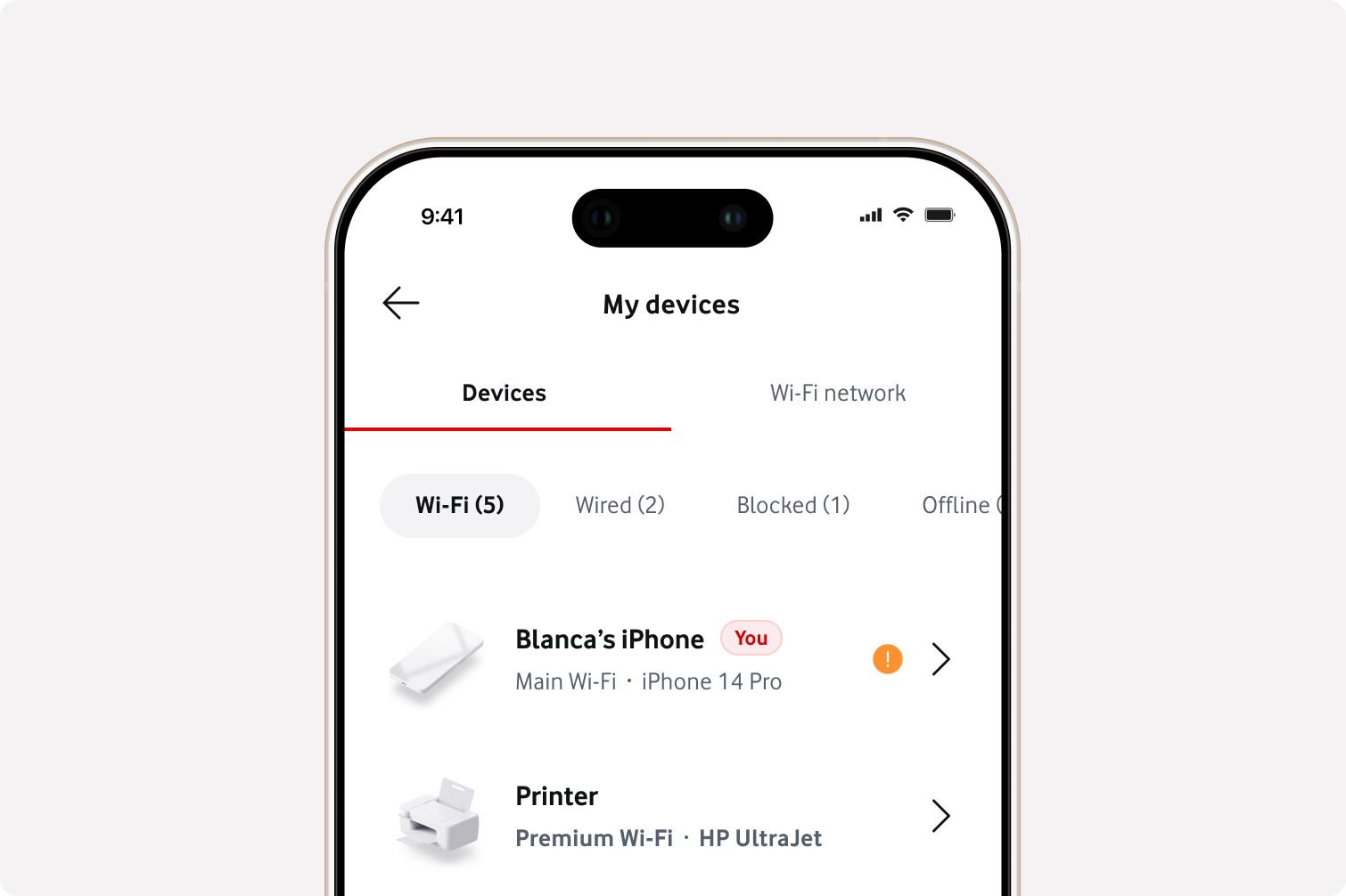 Vodafone app — connected devices list